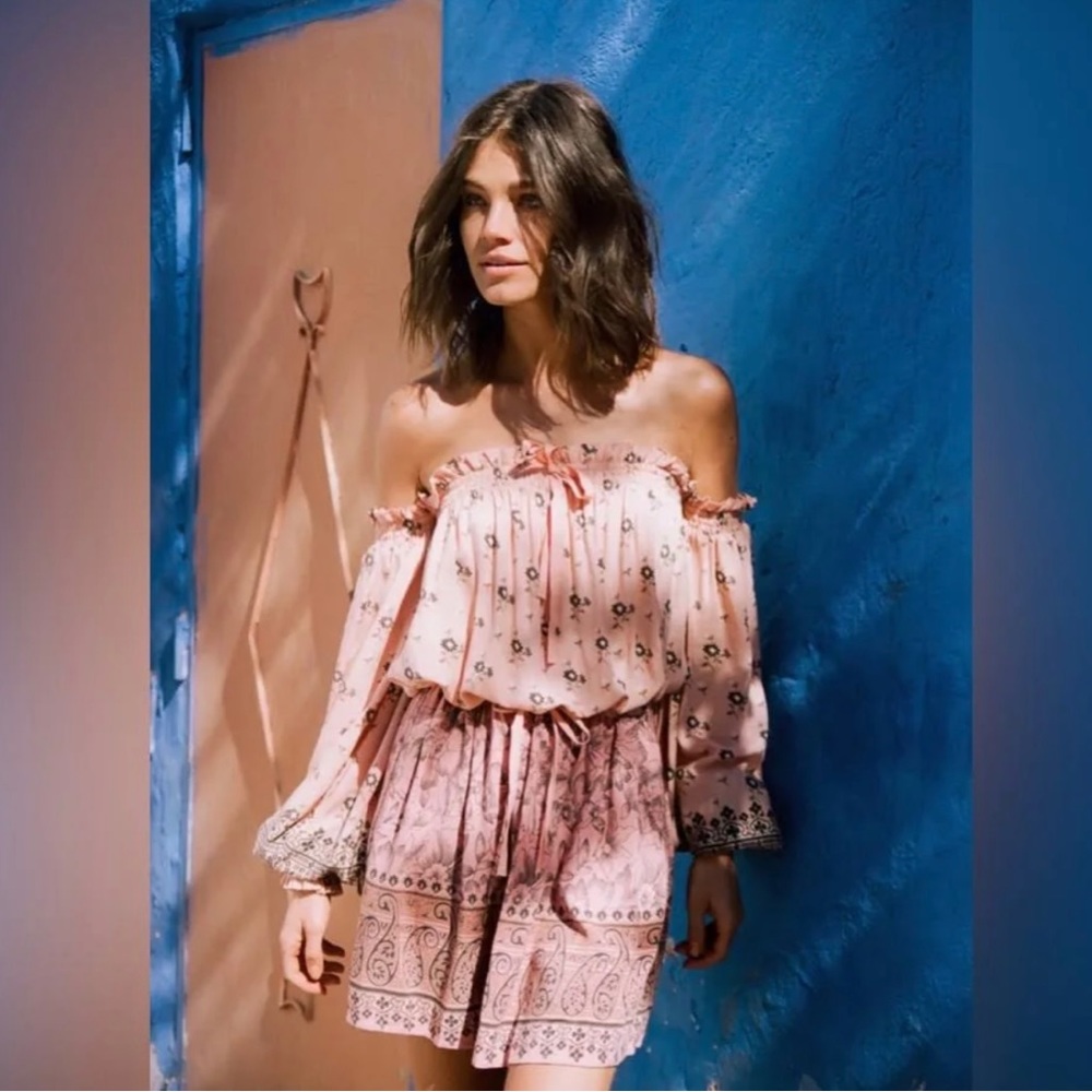 SPELL off shoulder pink Lionheart mini dress